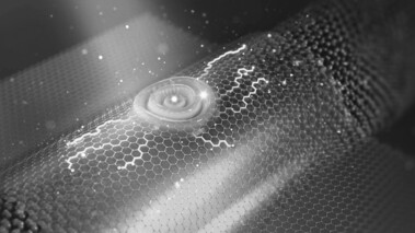 Künstlerische Illustration von Exzitonen auf einer Materialoberfläche mit leuchtenden Farben und Lichtspuren.